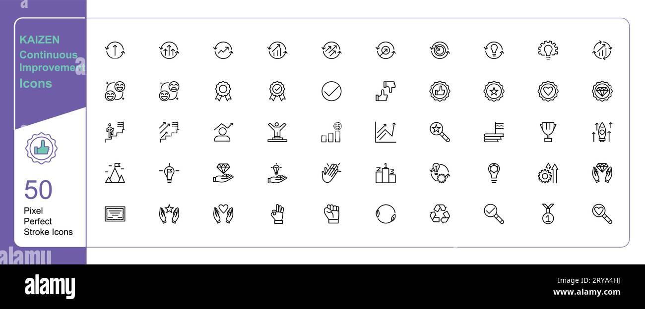 Die Geschäftsaktivitäten von Kaizen machen die kontinuierliche Verbesserung Icon 50 Set-Vektorsammlung mit einem Strich erweiterbar und farbveränderbare Pixel perfekt Stock Vektor