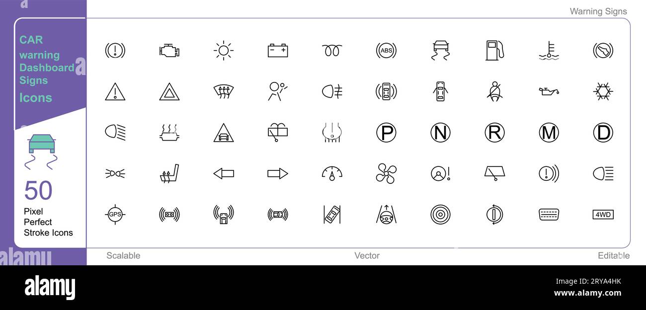 Auto-Dashboard Warnschilder und Symbole Symbol 50 Set Einzelstrich Vektorsammlung erweiterbar und Farbe änderbar Pixel perfekte Pfeilsätze Stock Vektor
