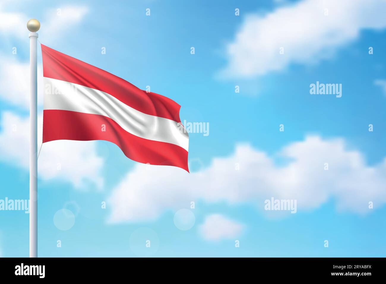 Die wehende Flagge Österreichs auf Himmelshintergrund. Vorlage für Poster zum Unabhängigkeitstag Stock Vektor