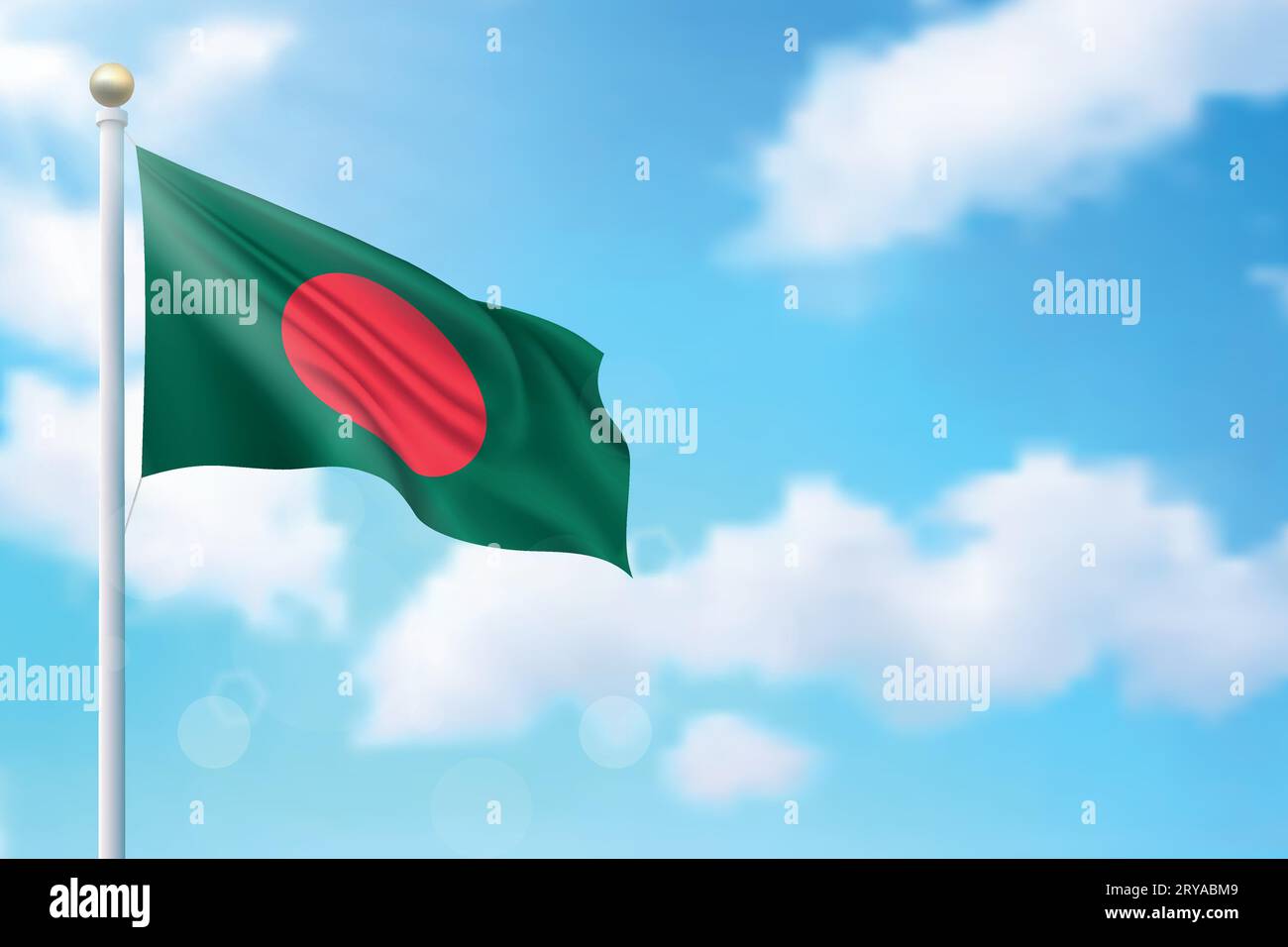 Wehende Flagge von Bangladesch auf Himmelshintergrund. Vorlage für Poster zum Unabhängigkeitstag Stock Vektor