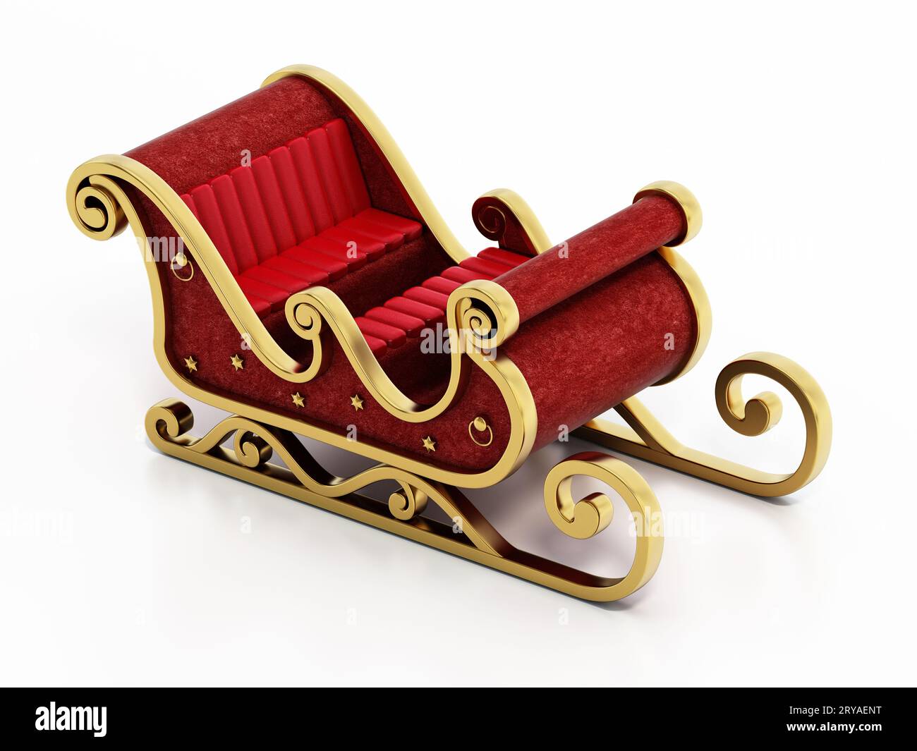 Der Schlitten des Weihnachtsmanns ist mit goldenen Ornamenten und rotem Samt auf weißem Hintergrund dekoriert. 3D-Illustration. Stockfoto