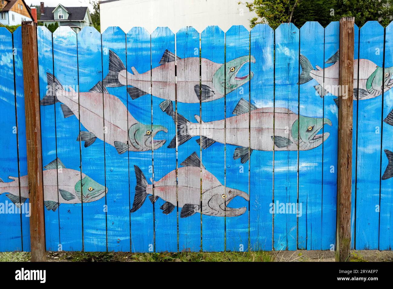 Lachsgemälde am Zaun in Ketchikan, Alaska, USA Stockfoto