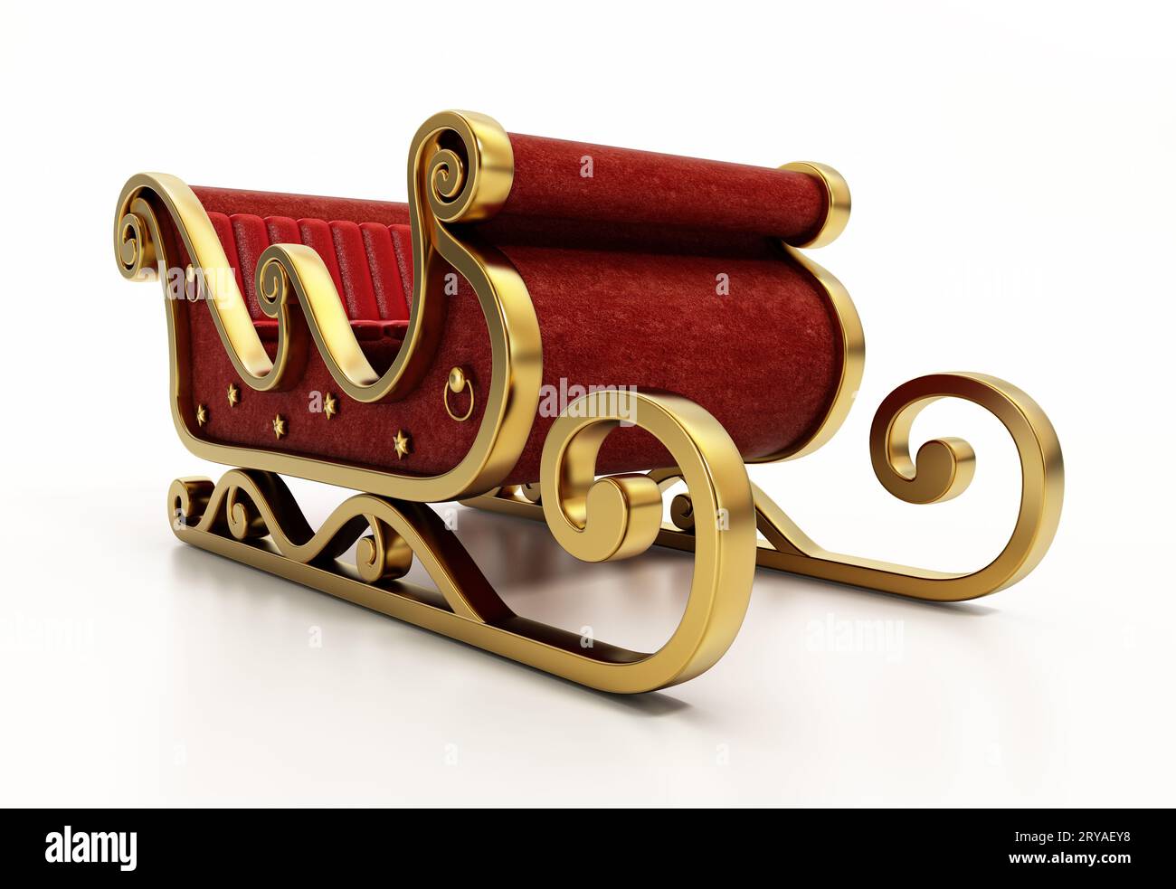 Der Schlitten des Weihnachtsmanns ist mit goldenen Ornamenten und rotem Samt auf weißem Hintergrund dekoriert. 3D-Illustration. Stockfoto