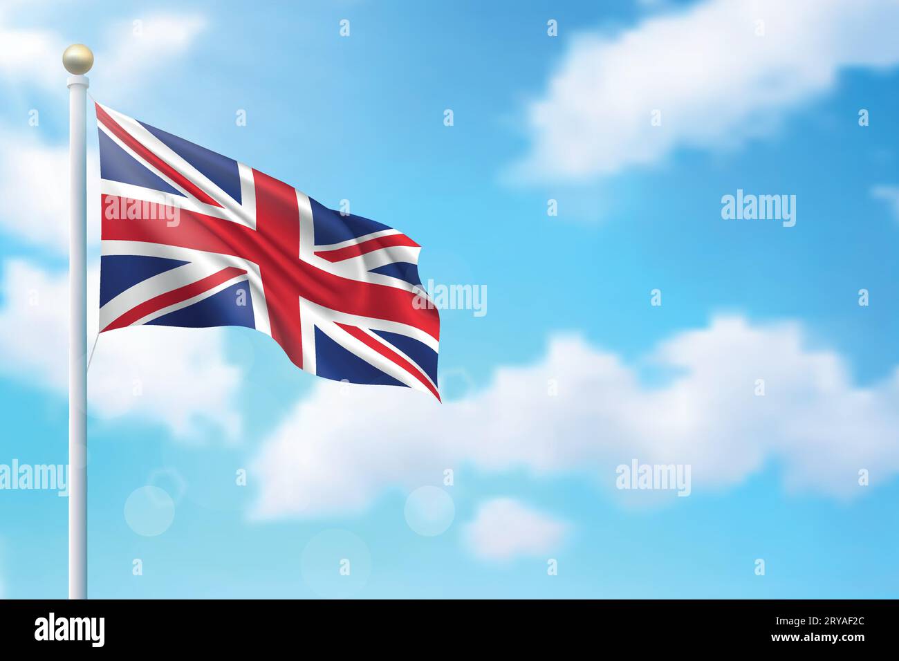 Wehende Flagge Großbritanniens auf Himmelshintergrund. Vorlage für Poster zum Unabhängigkeitstag Stock Vektor