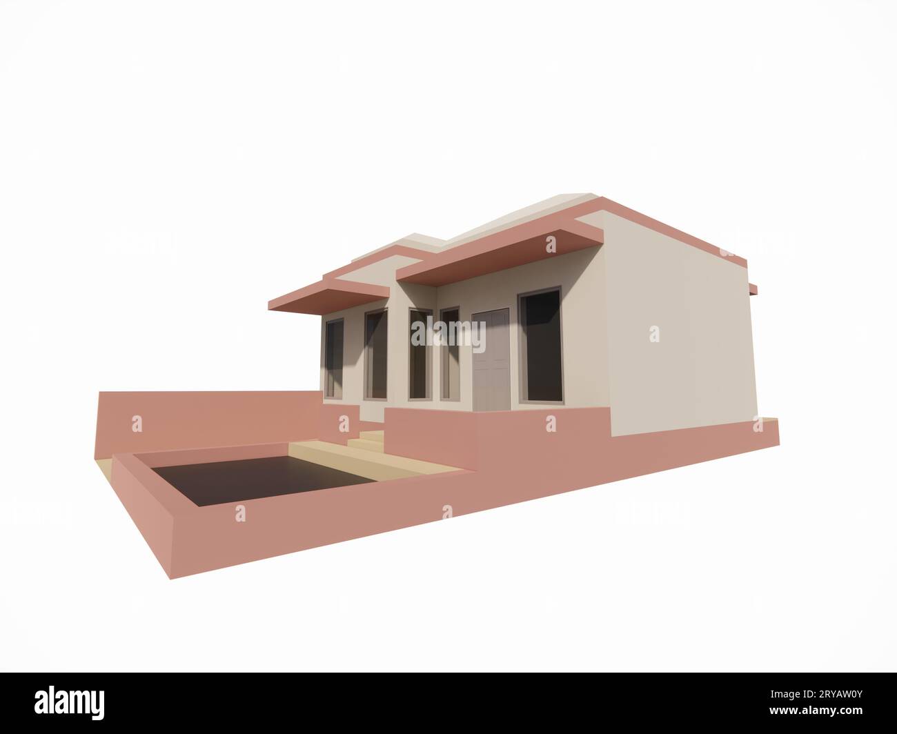 3D-Architekturmodell des Äußeren eines minimalistischen weiß-braun-rosa Hauses Stockfoto