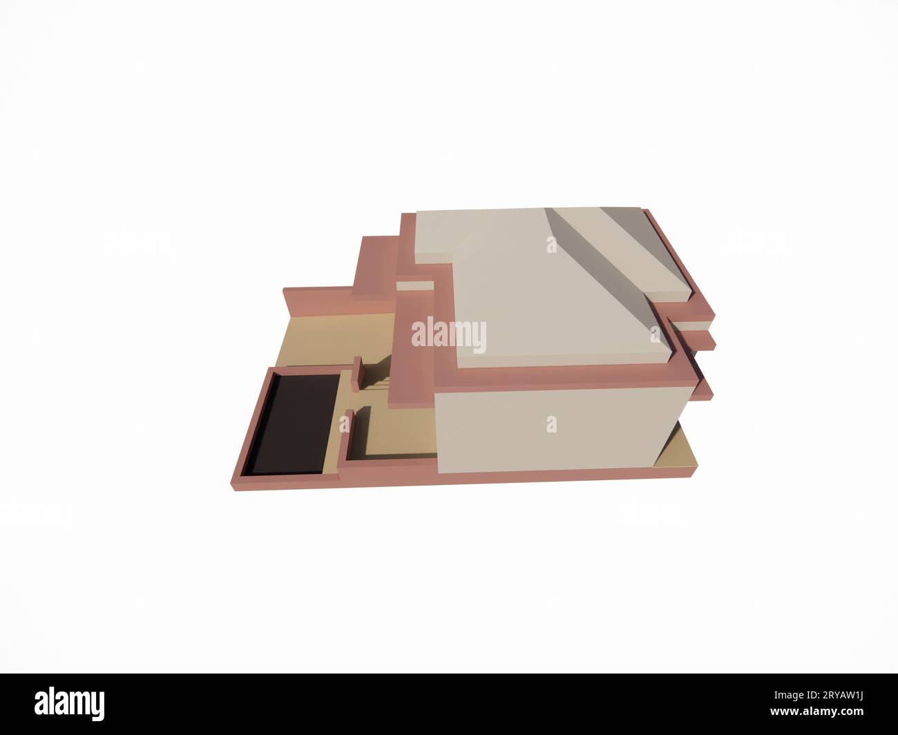 3D-Architekturmodell des Äußeren eines minimalistischen weiß-braun-rosa Hauses Stockfoto
