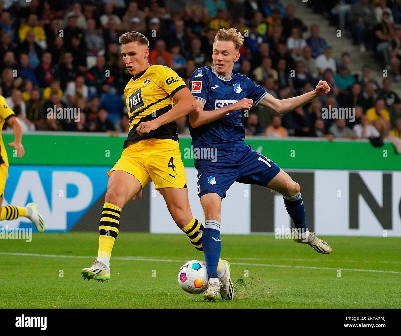 September 29, 2023, PreZero-Arena, Sinsheim, GER, 1.FBL, TSG 1899 Hoffenheim vs Borussia Dortmund, DFL-Vorschriften verbieten die Verwendung von Fotografien als Bildsequenzen und/oder Quasi-Video. Im Bild Nico Schlotterbeck (Dortmund), Maximilian Beier (Hoffenheim) Stockfoto