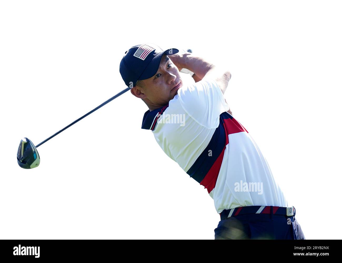 Collin Morikawa von den USA während der Vierbälle am zweiten Tag des 44. Ryder Cup im Marco Simone Golf and Country Club in Rom, Italien. Bilddatum: Samstag, 30. September 2023. Stockfoto