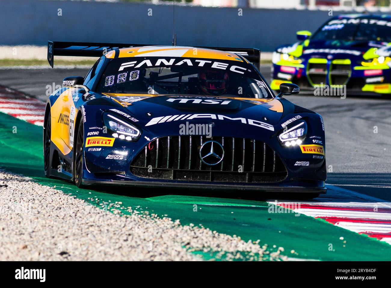 30. September 2023; Circuit of Catalunya, Barcelona, Katalonien, Spanien; 2023 Fanatec GT World Challenge Europe, Tag 2: Thomas Drouet, Lorenzo Ferrari, Maxi Gotz vom Mercedes AMG Team Akkodis ASP Stockfoto