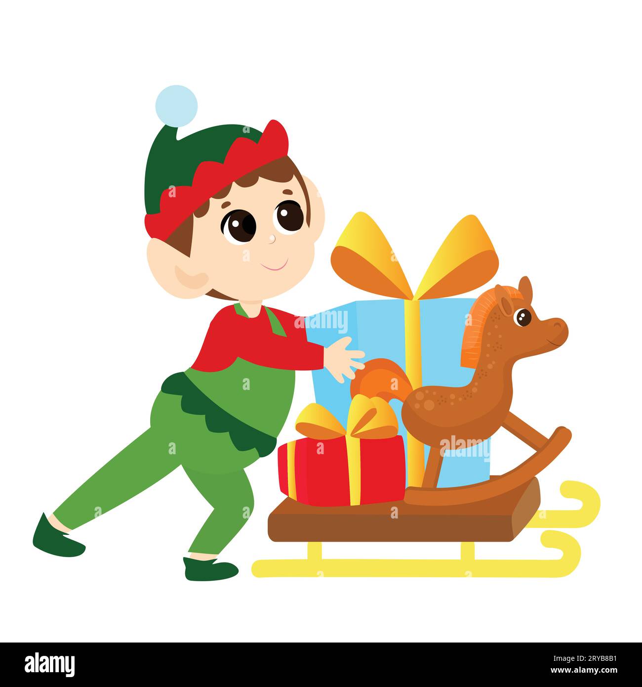 Ein Elfenjunge trägt einen Schlitten mit Weihnachtsgeschenken. Das Kind ist glücklich und trägt ein traditionelles Elfenkostüm. Festliche Illustration. Stock Vektor