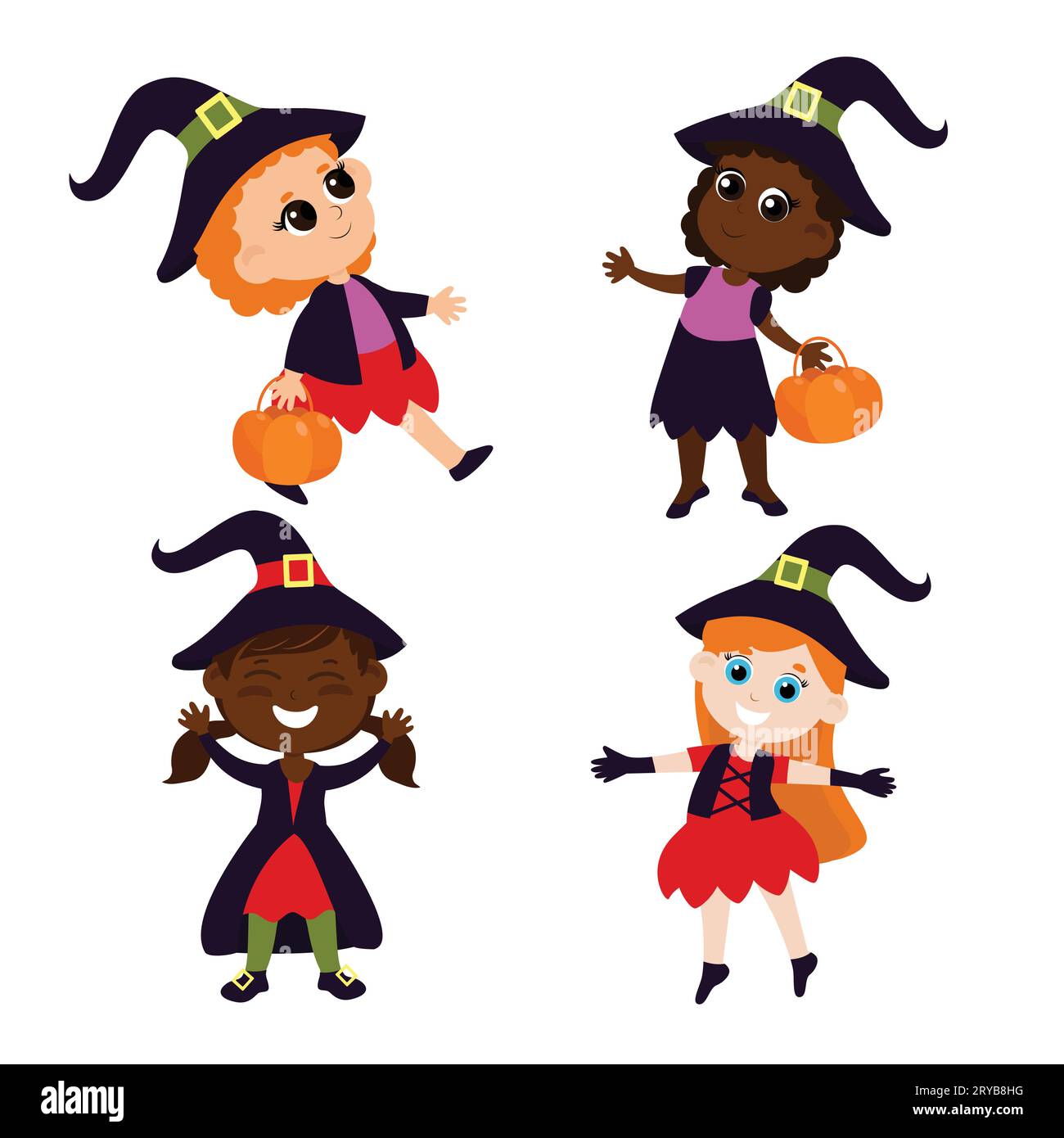 Niedliche Hexen mit rotem Haar in einem Kostüm mit einem Korb in den Händen. Set von Halloween-Illustration im Cartoon-Stil isoliert auf weißem Hintergrund. Stock Vektor