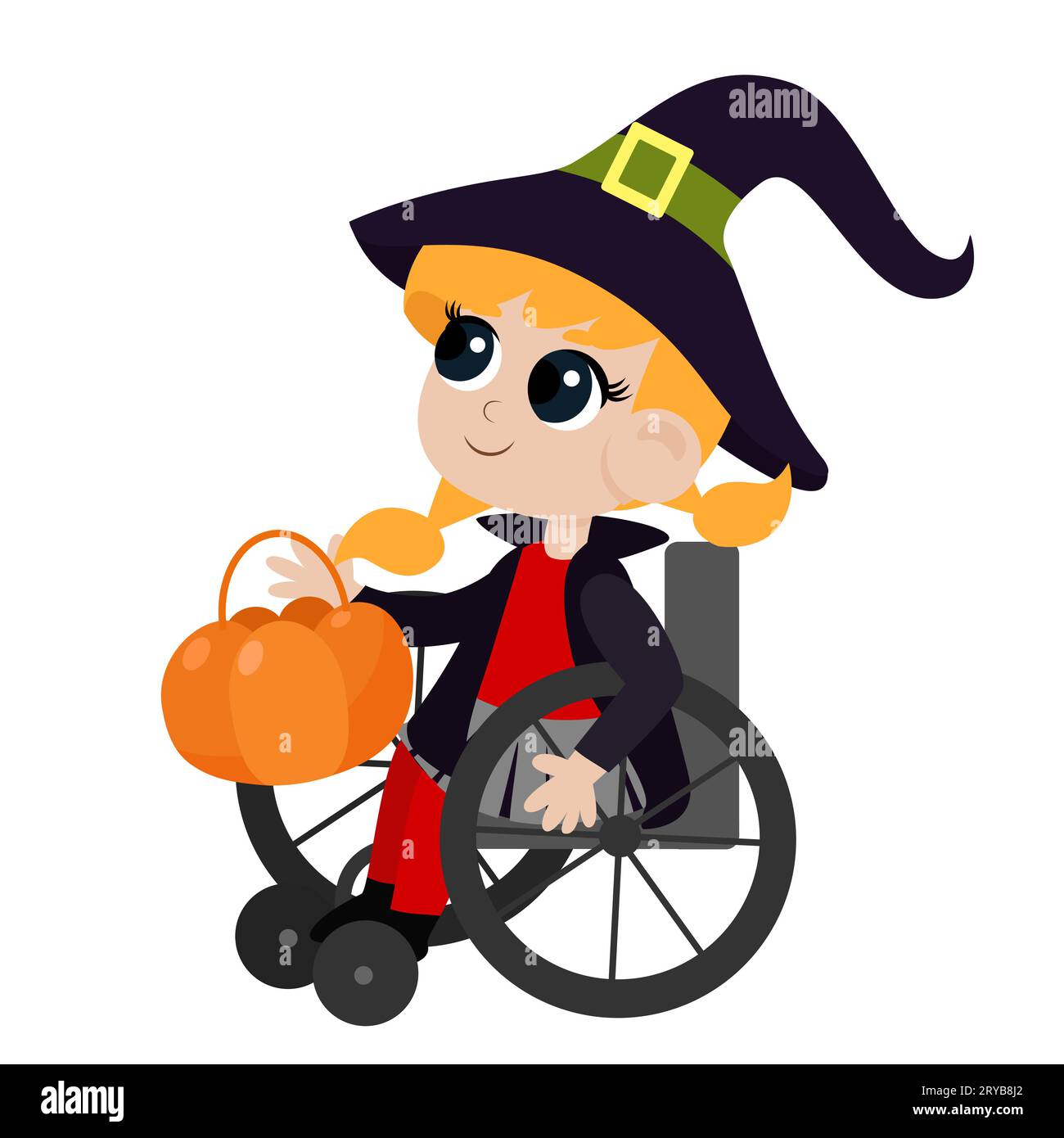 Das kleine süße Mädchen im Hexenkostüm sitzt auf einem Rollstuhl. Das Kind hält einen Kürbiskorb für Süßigkeiten in den Händen. Niedliches Baby im Cartoon-Stil isoliert Stock Vektor