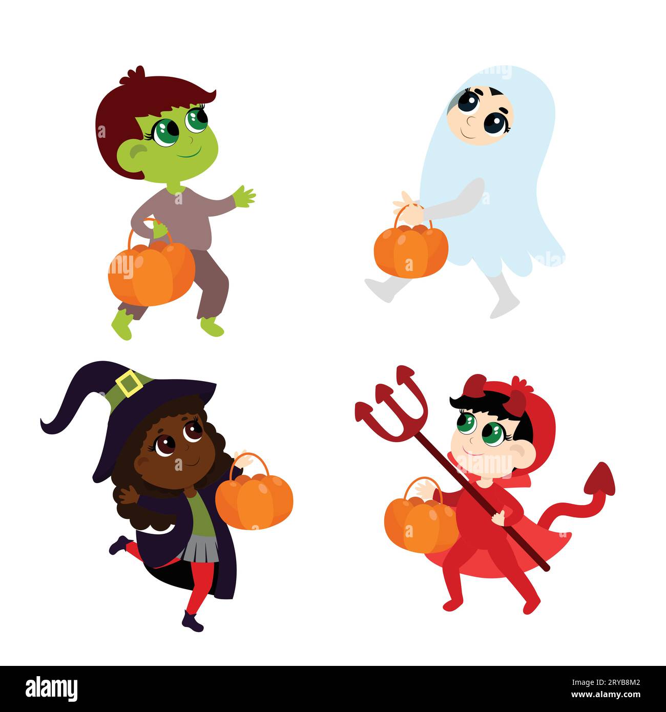 Halloween-Set mit Charakteren im Cartoon-Stil auf weißem Hintergrund. Kinder in der Hexe, Zombies, Teufel und Geister. Stock Vektor