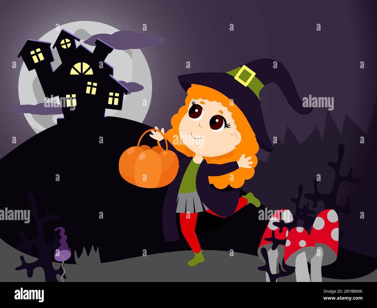 Ein kleines Hexenmädchen geht mit einem Süßigkeitenkorb zum Schloss auf dem Berg. Comic-Illustration für Halloween. Stock Vektor