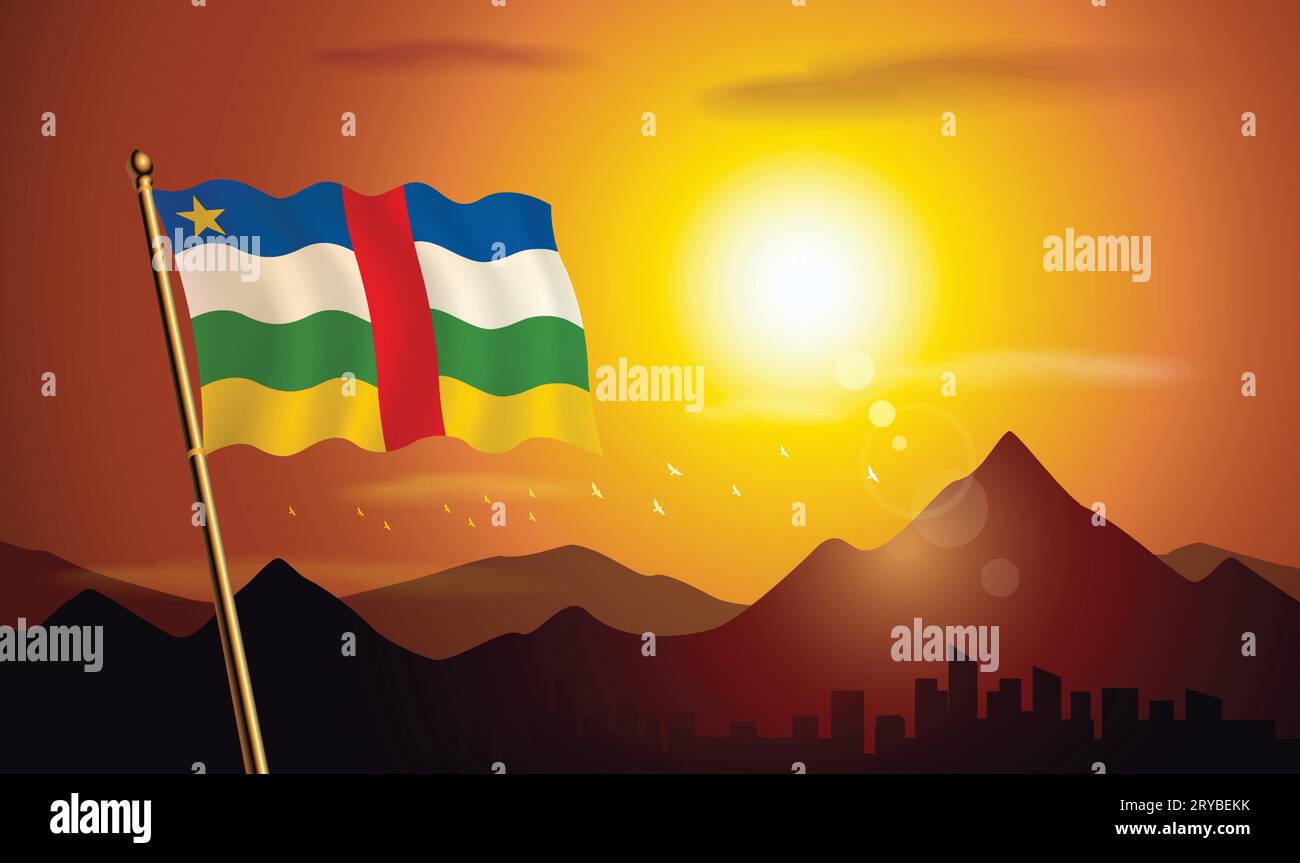 Flagge der Zentralafrikanischen Republik mit Sonnenuntergangshintergrund mit Bergen und Seen Stock Vektor