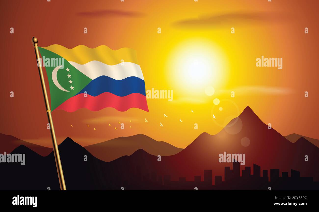 Komoren Flagge mit Sonnenuntergang Hintergrund von Bergen und Seen Stock Vektor