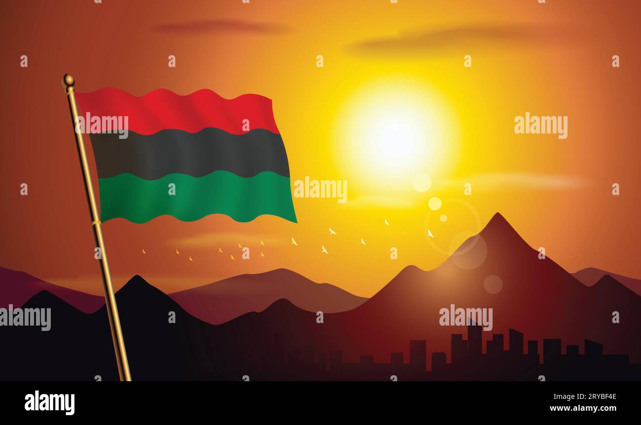 Afroamerikanische Flagge mit Sonnenuntergang Hintergrund von Bergen und Seen Stock Vektor