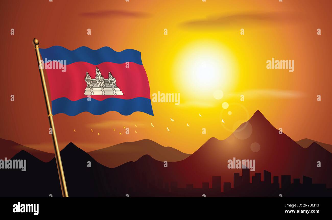 Kambodscha Flagge mit Sonnenuntergang Hintergrund von Bergen und Seen Stock Vektor
