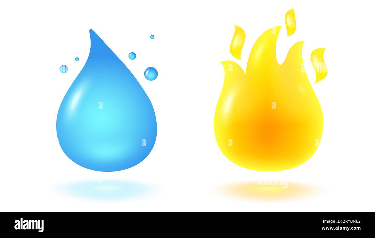 Vektorillustration von Wassertropfen und Flammen im 3D-Stil. Vektorsymbol für Regentropfen und Feuer im realistischen Stil. Stock Vektor