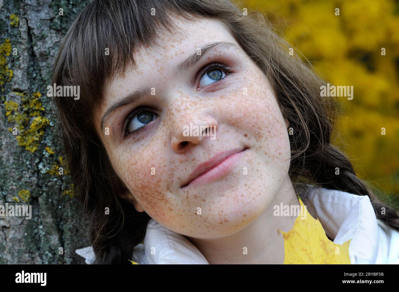 Nahaufnahme eines freckigen Teenagermädchens im Herbstpark Stockfoto