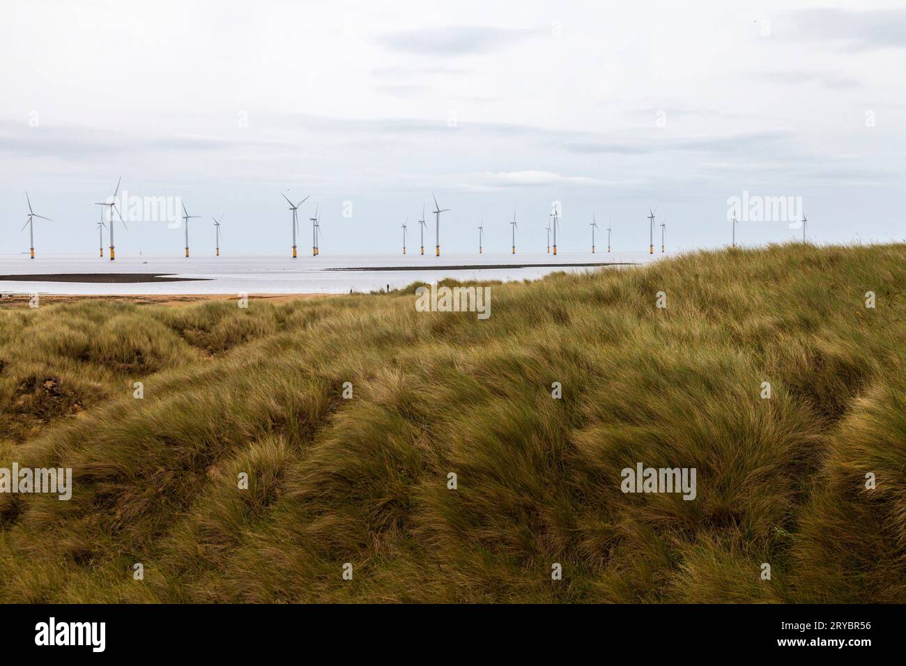 Die Küste von South Gare mit Offshore- Windenergieanlagen in Redcar, England, Großbritannien Stockfoto