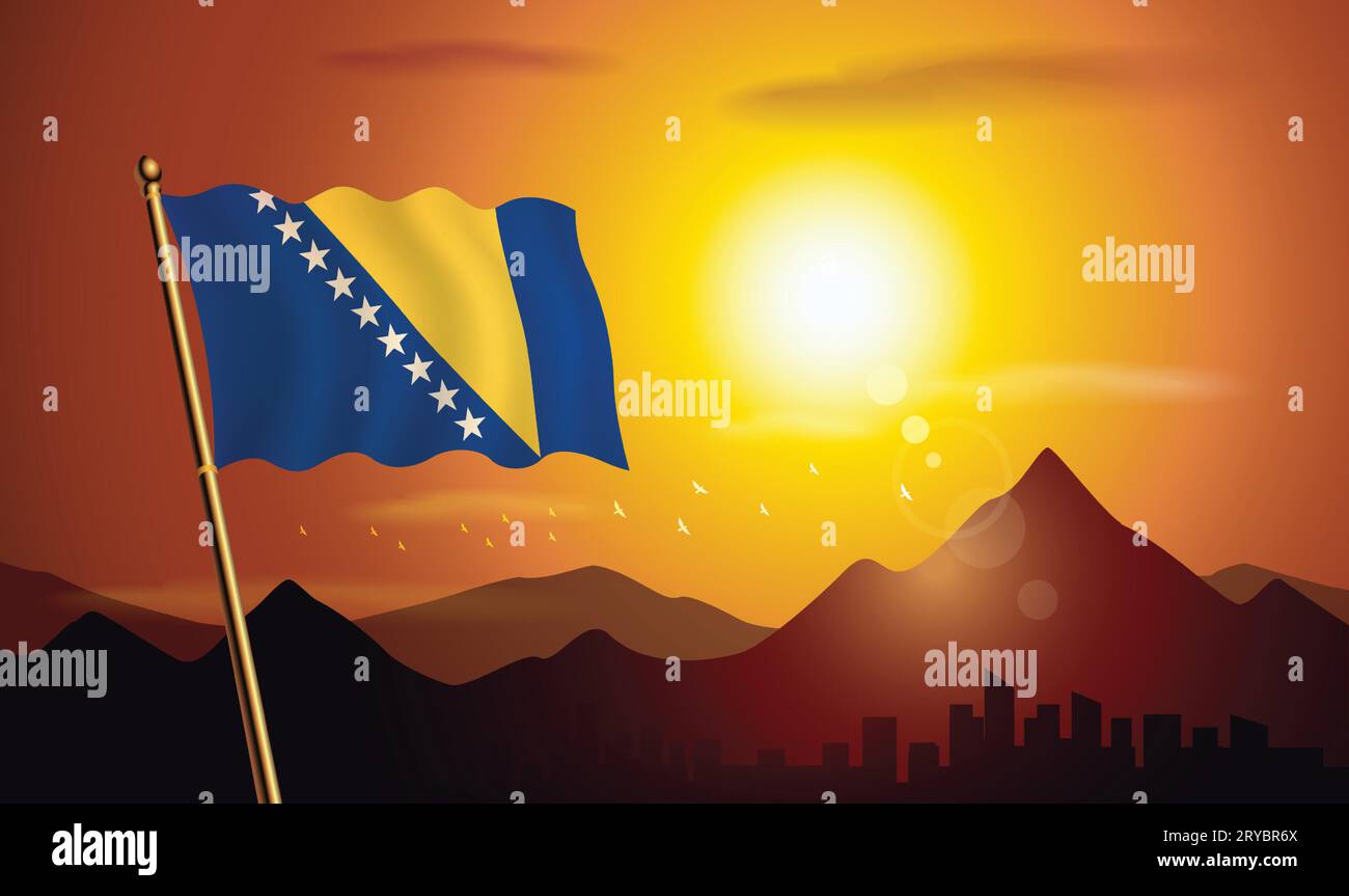 Flagge mit Sonnenuntergang Hintergrund von Bergen und Seen Stock Vektor