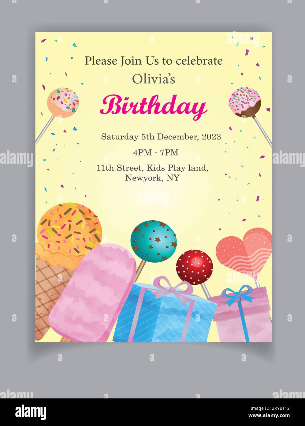 Geburtstagskarte mit Cupcake, Eis, Cake Pops, Geschenken und Konfetti, Vektor-Grußkarte Stock Vektor