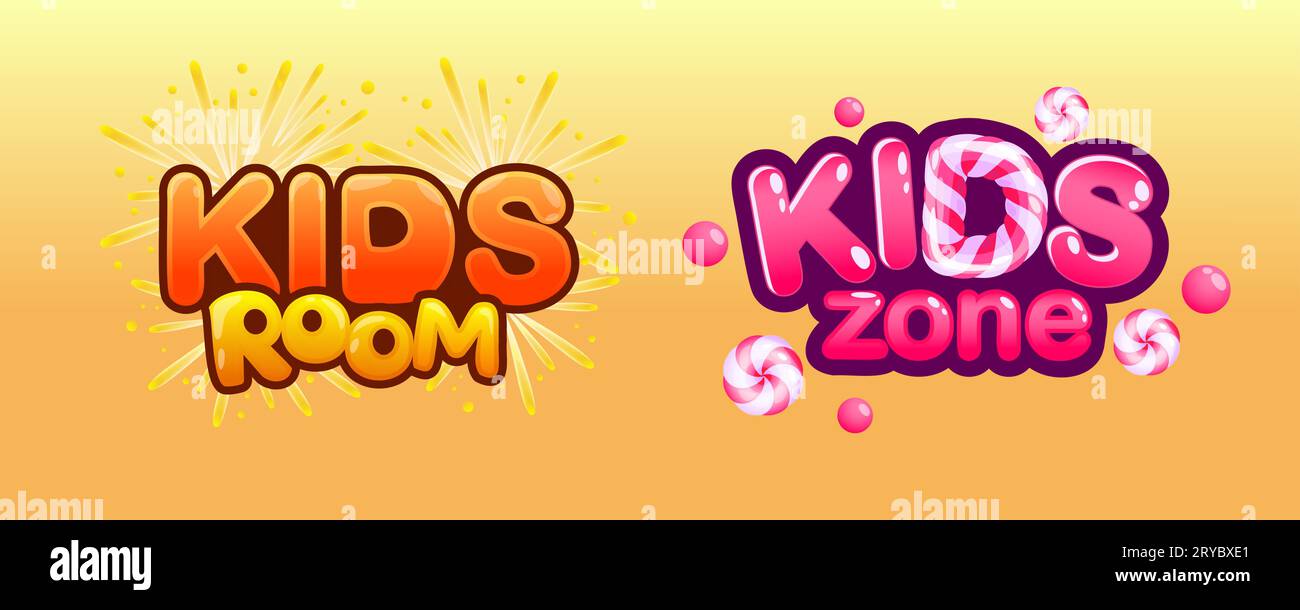 Spielzimmer-Logo. Kids Zone Cartoon Banner. Spielbereich für Babys. Bonbon Bonbons und Feuerwerk. Kinderclub. Lustige Textüberschrift im Spielzimmer. Vergnügungspark. Vektor Spielplatz lustige Aufkleber Set Stock Vektor