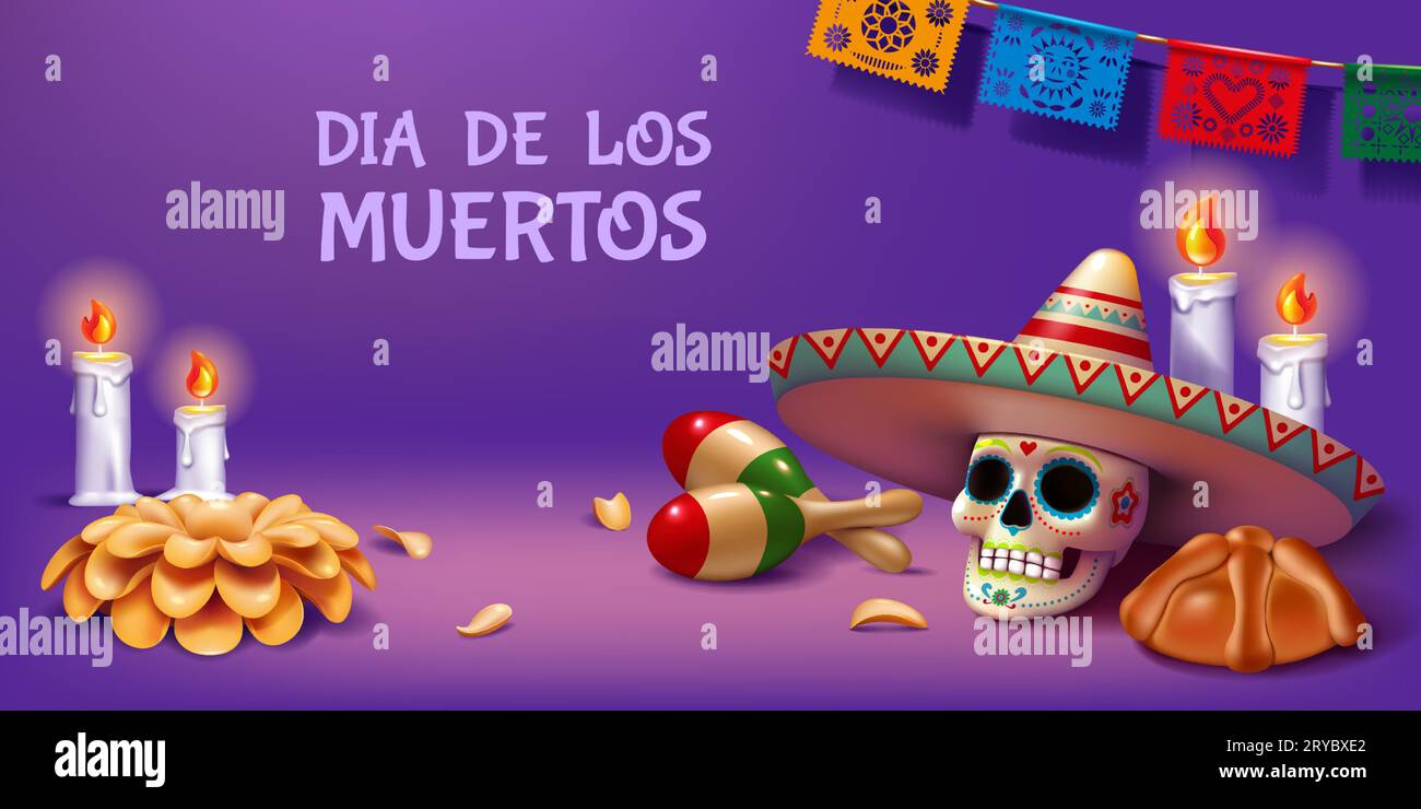 Toter Tag. Dia de Muertos. 3D mexikanisches Halloween-Banner-Design. Maracas und Sombrero-Hut. Ehre des Schädels. Kerzenfeuer. Catrina-Knochen. Feiertagsfeier. Karneval in Mexiko. Vektor-Renderhintergrund Stock Vektor