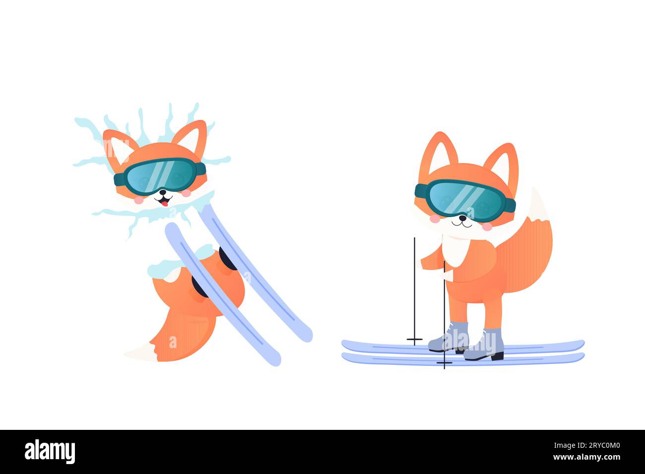 Fox auf Skiern, Snowboarden, im Schnee gefallen, Wintersport. Illustration isolierter Vektorkinder Stock Vektor