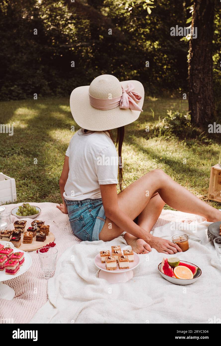 Porträtfoto einer Frau, die auf der Decke mit Kuchen, Süßigkeiten und anderen Speisen in der Natur sitzt - Picknick-Stil. Lifestyle-Bild – weibliches Modell mit Strohhalm Stockfoto