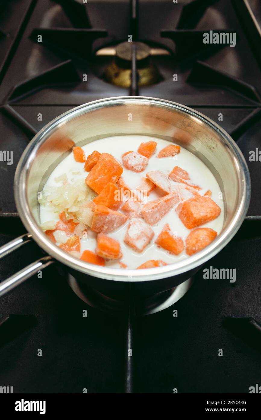 Ingredietns zur Zubereitung des Kabeljaufischfilet mit Orangensuppe mit Süßkartoffeln und anderem leckerem Gemüse - Foto von oben. Stockfoto