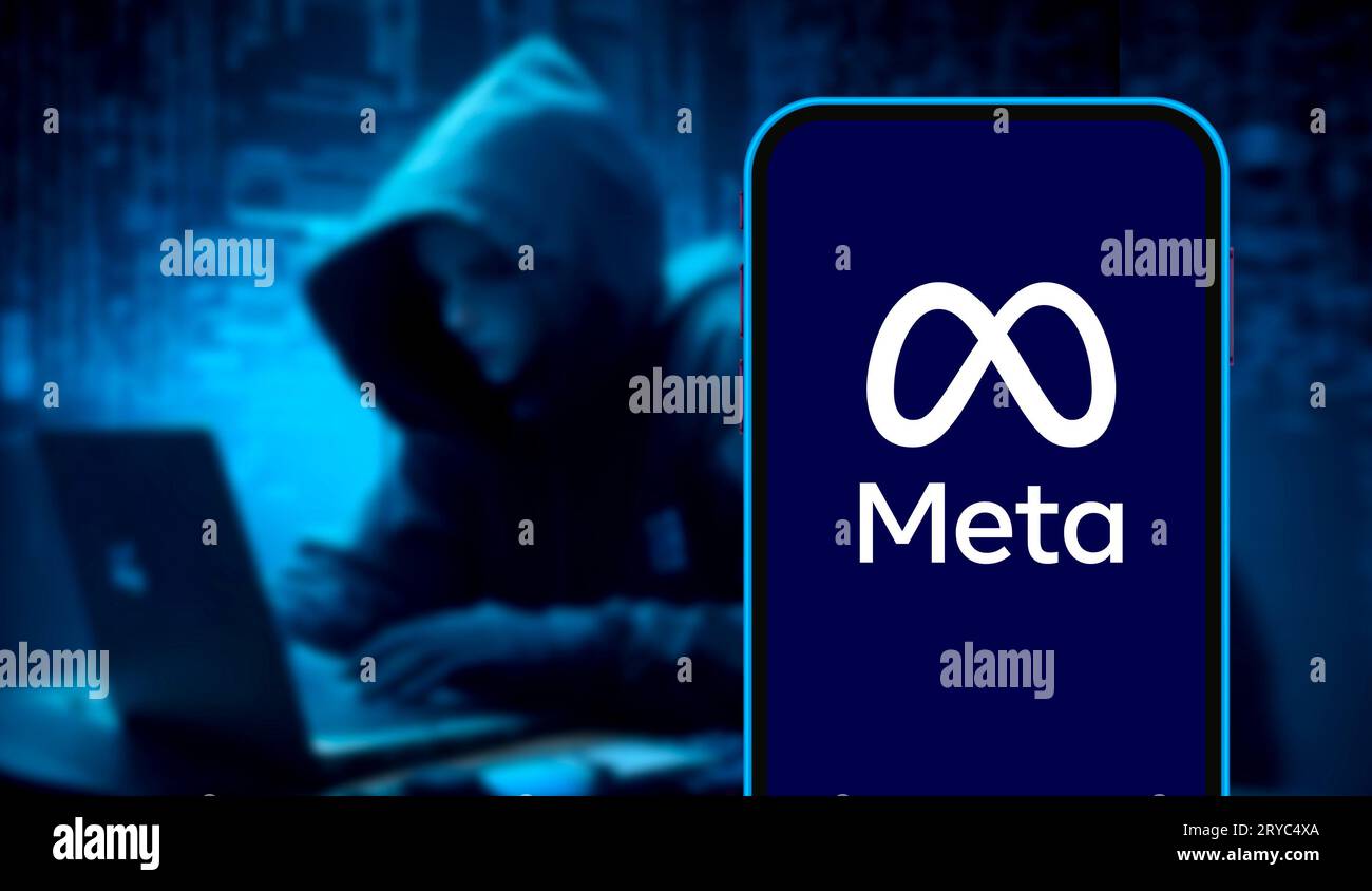 Eine detailreiche Nahaufnahme eines Smartphone-Bildschirms mit dem blauen Infinity-Logo von Meta Platforms, Inc Dieses redaktionelle Bild stellt die evo dar Stockfoto