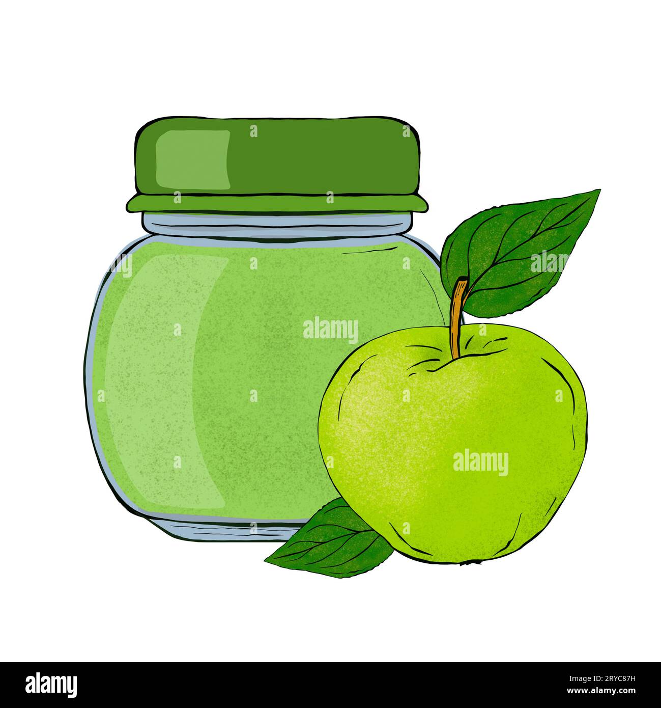 Babynahrung, ein Glas Orangenfruchtpüree. Handgezeichnete Abbildung, isoliert. Stockfoto