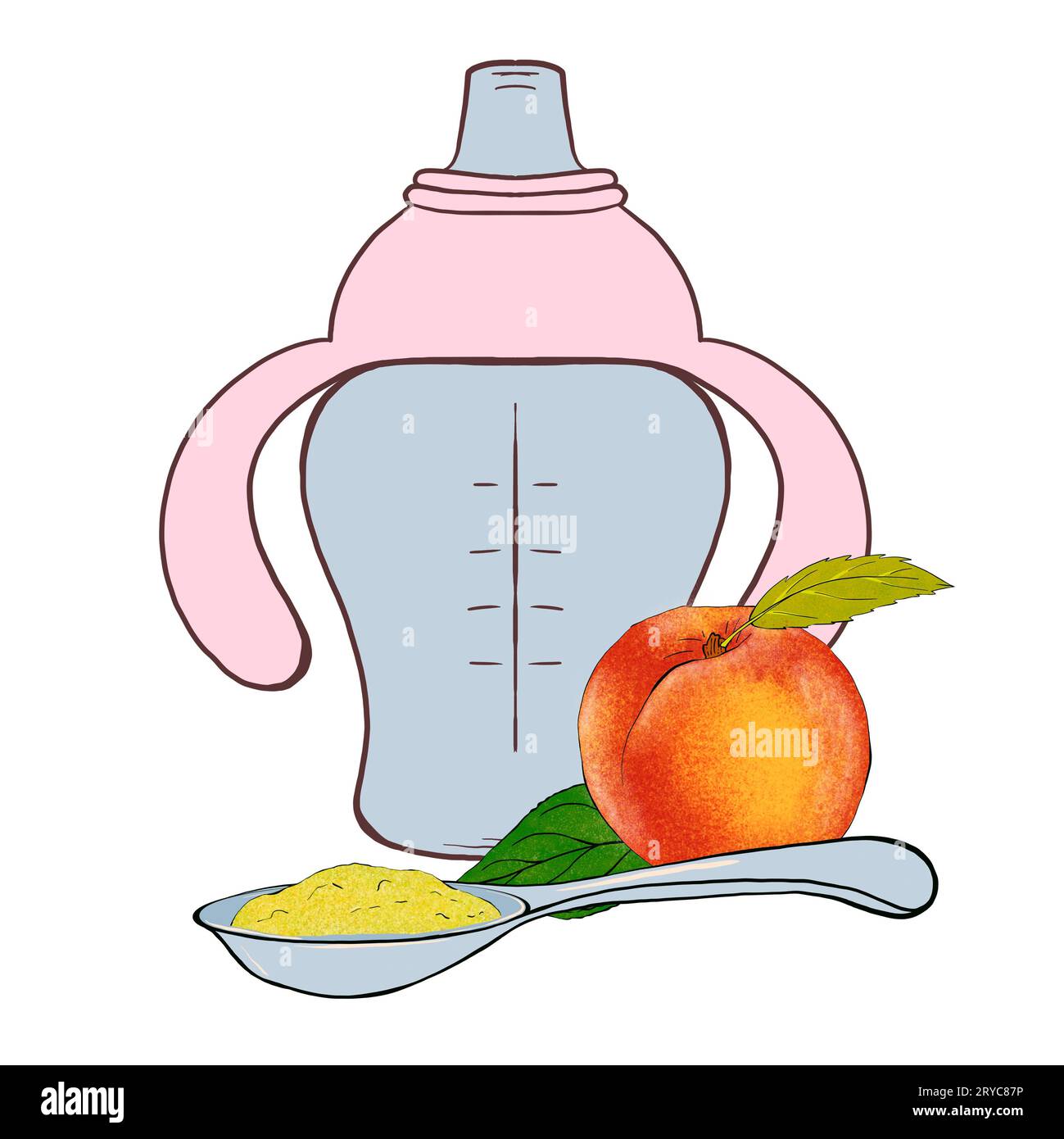 Babynahrung. Farbige Komplementärnahrung für Säuglinge. Trainingsbecher, Löffel und Pfirsich. Handgezeichnete Abbildung. Stockfoto