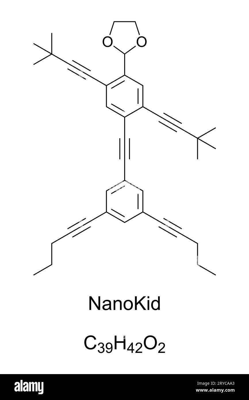 NanoKid, ein NanoPutian, chemische Formel und Skelettstruktur. Organisches Molekül, das der menschlichen Form ähnelt, sequenziert für die chemische Ausbildung. Stockfoto