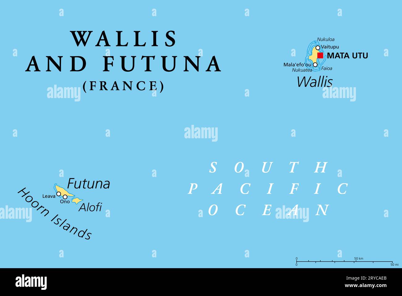 Wallis und Futuna, politische Karte. Inselgemeinde Frankreichs im Südpazifik mit der Hauptstadt Mata Utu, die aus drei Hauptinseln besteht. Stockfoto