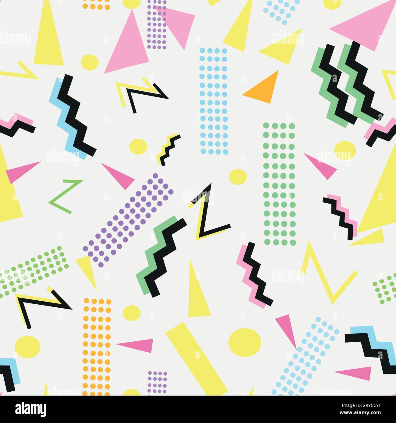 Hintergrund der 90er Jahre mit geometrischen, bunten Formen. Nahtloses Stoffmuster Stock Vektor