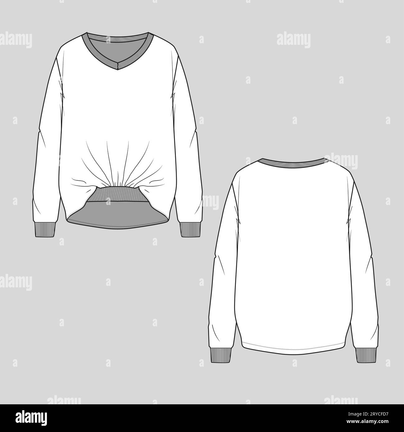 Damen Saum Mode Sweatshirt Bündchen Ripp mit Raffung Saum langer Ärmel Bündchen V-Ausschnitt cad-Modell flache Skizze technische Zeichenvorlage Stock Vektor