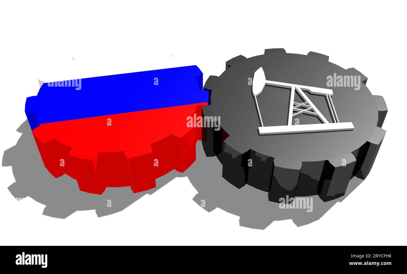 Zahnrad mit Ölpumpe, strukturiert mit russischer Flagge Stockfoto