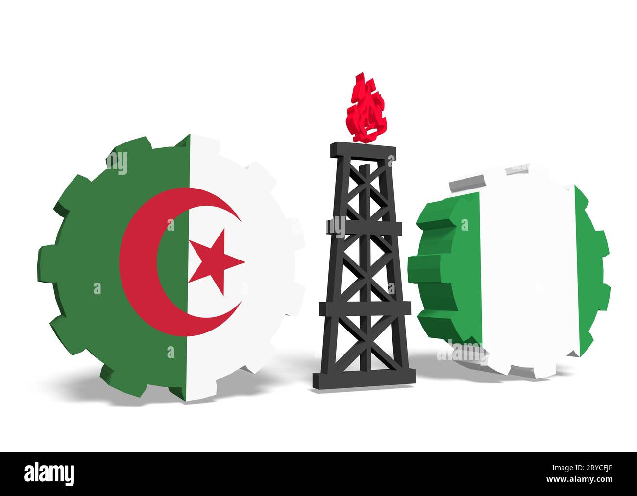 Algerien und nigeria Flaggen auf dem Getriebe, Gasbohrer dazwischen Stockfoto