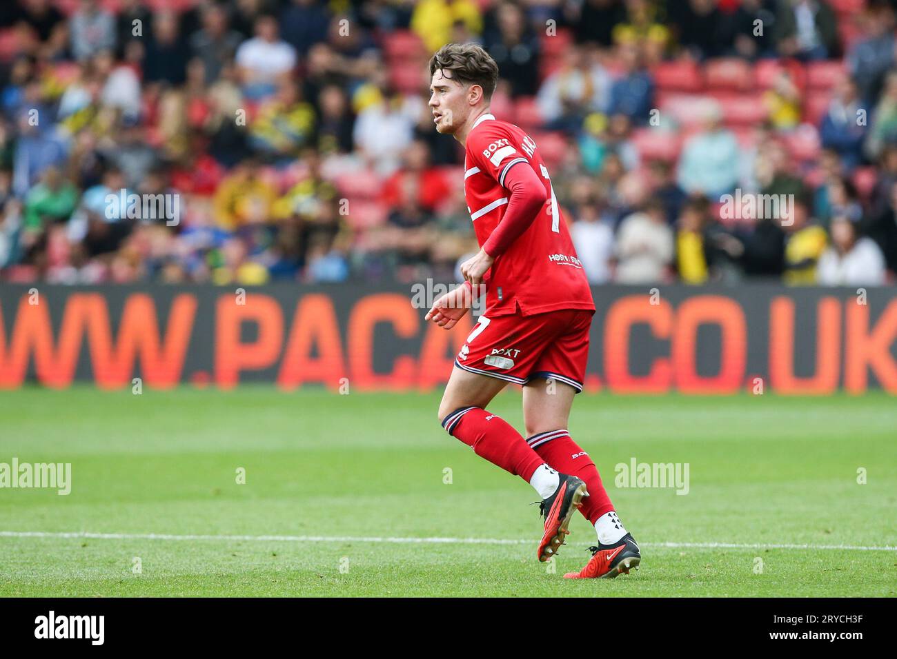 Watford, Großbritannien. September 2023 30. Hayden Hackney #7 von Middlesbrough während des Sky Bet Championship Matches Watford vs Middlesbrough in Vicarage Road, Watford, Großbritannien, 30. September 2023 (Foto: Arron Gent/News Images) in Watford, Großbritannien am 30. September 2023. (Foto: Arron Gent/News Images/SIPA USA) Credit: SIPA USA/Alamy Live News Stockfoto