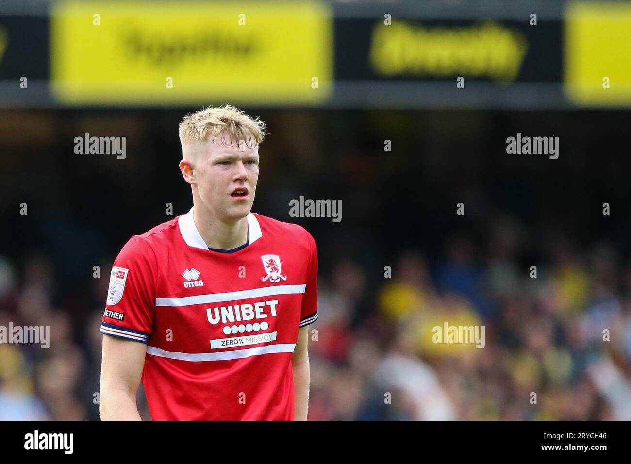 Watford, Großbritannien. September 2023 30. Josh Coburn #19 von Middlesbrough während des Sky Bet Championship Matches Watford vs Middlesbrough in Vicarage Road, Watford, Großbritannien, 30. September 2023 (Foto: Arron Gent/News Images) in Watford, Großbritannien am 30. September 2023. (Foto: Arron Gent/News Images/SIPA USA) Credit: SIPA USA/Alamy Live News Stockfoto