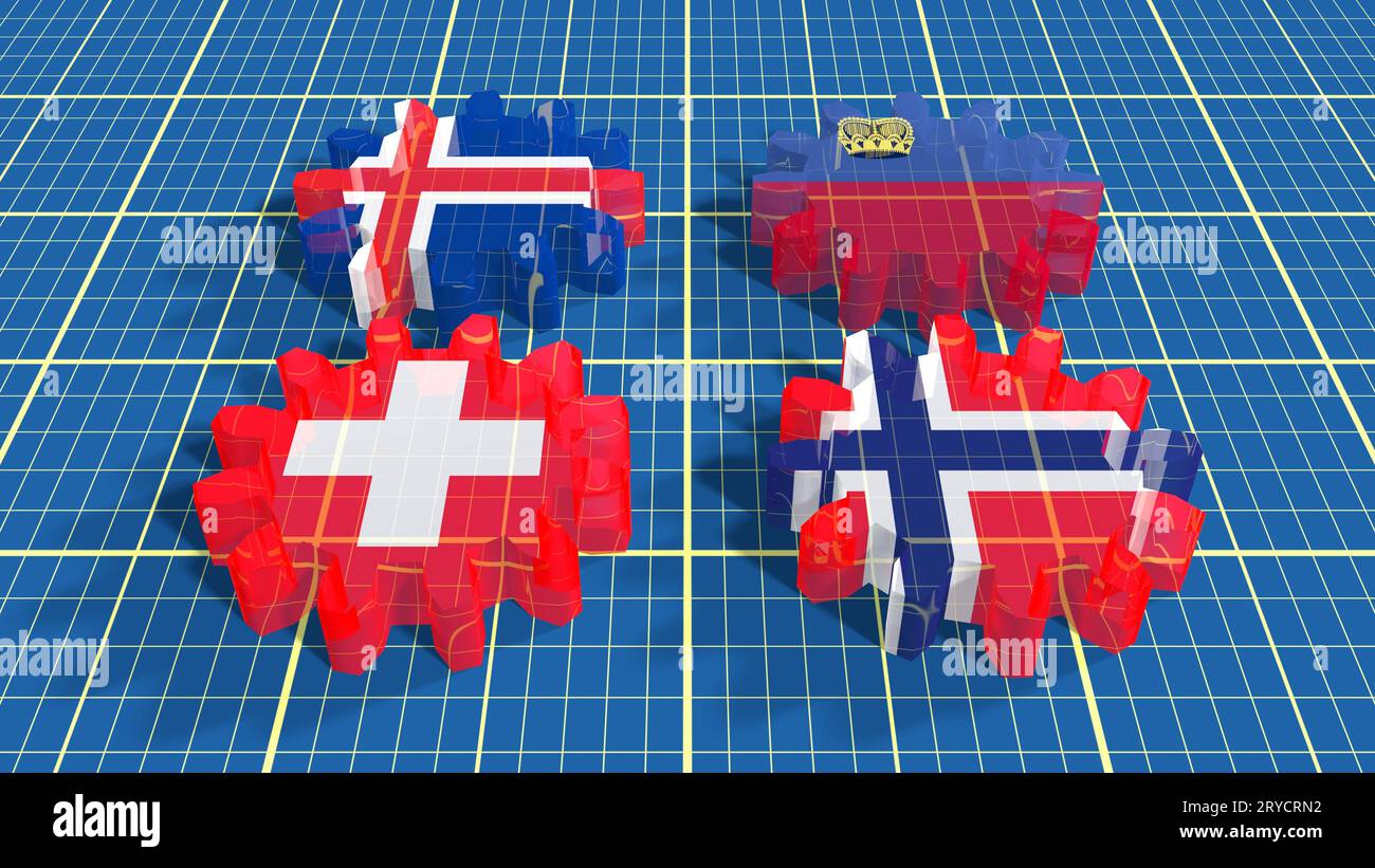 European Free Trade Association Volkswirtschaften Mitglieder Flaggen auf Zahnräder. Stockfoto