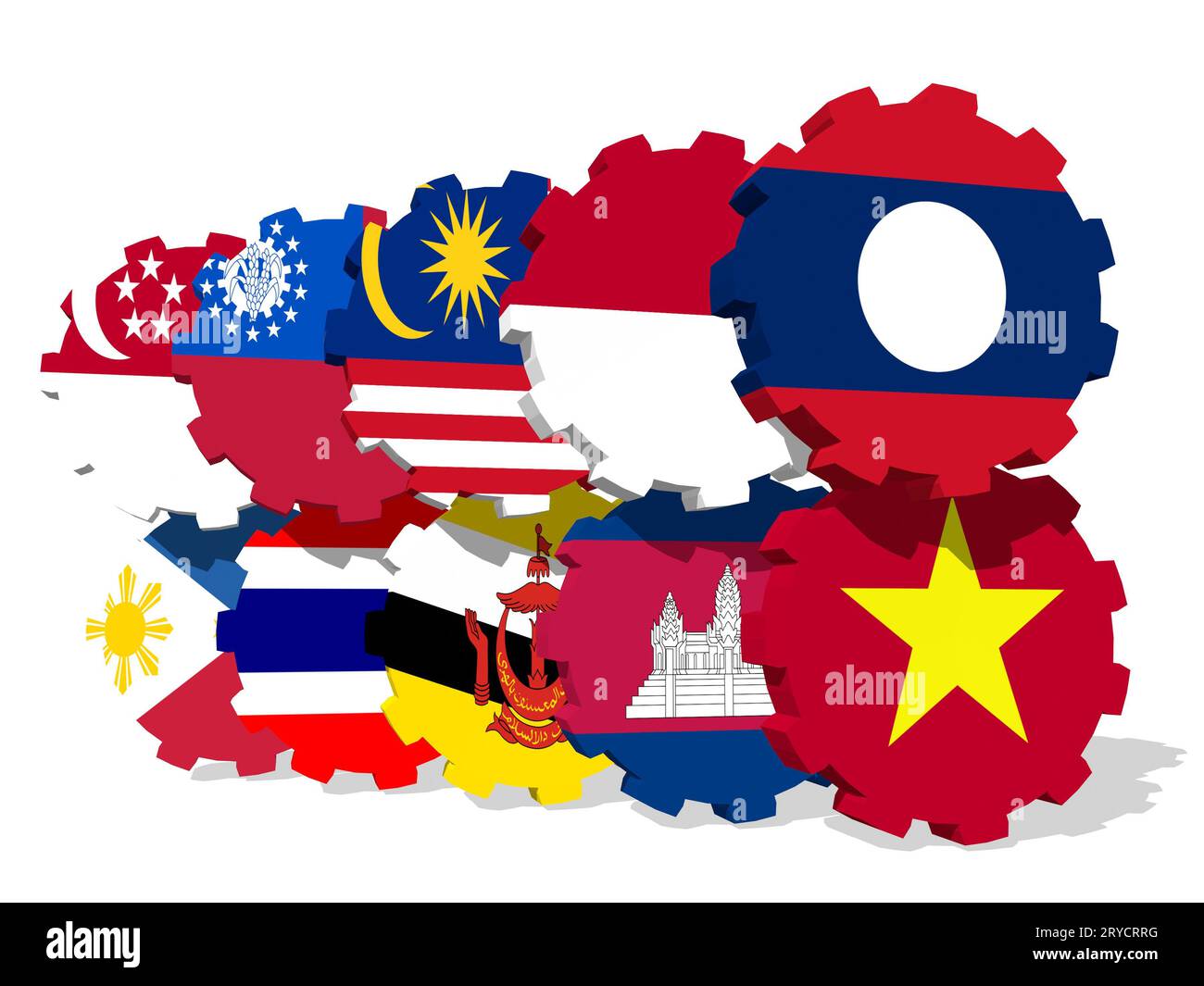ASEAN-Mitglieder der Gewerkschaft Nationalflaggen auf Zahnräder Stockfoto