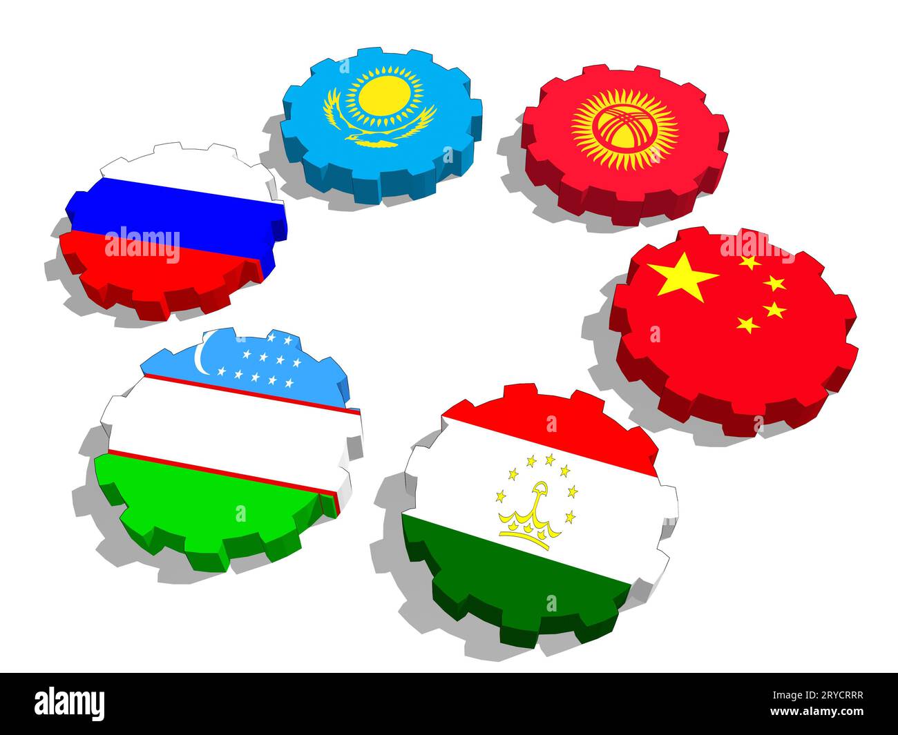 Shanghai Cooperation Organisation Mitglieder Nationalflaggen auf Zahnräder Stockfoto