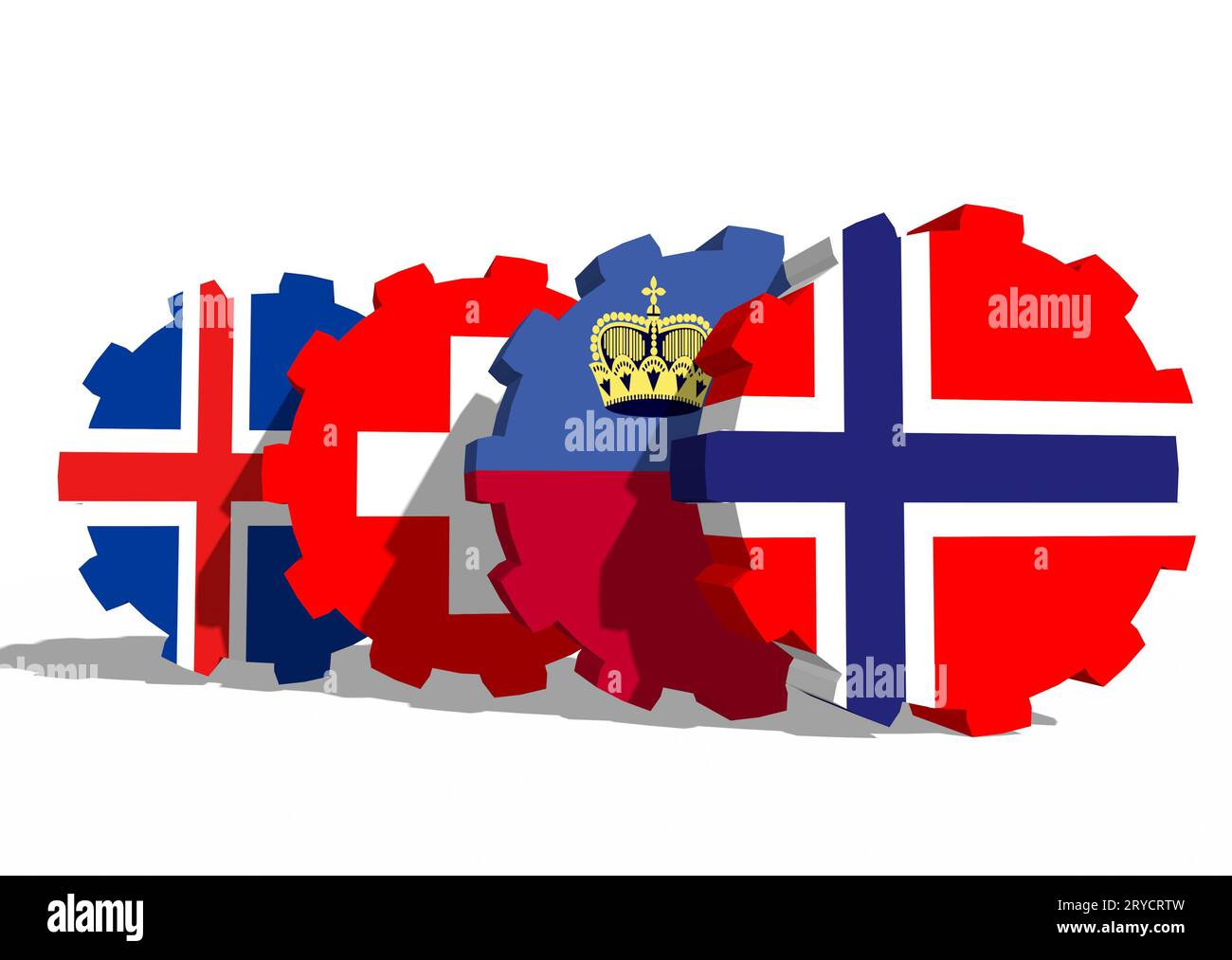European Free Trade Association Volkswirtschaften Mitglieder Flaggen auf Zahnräder. Stockfoto