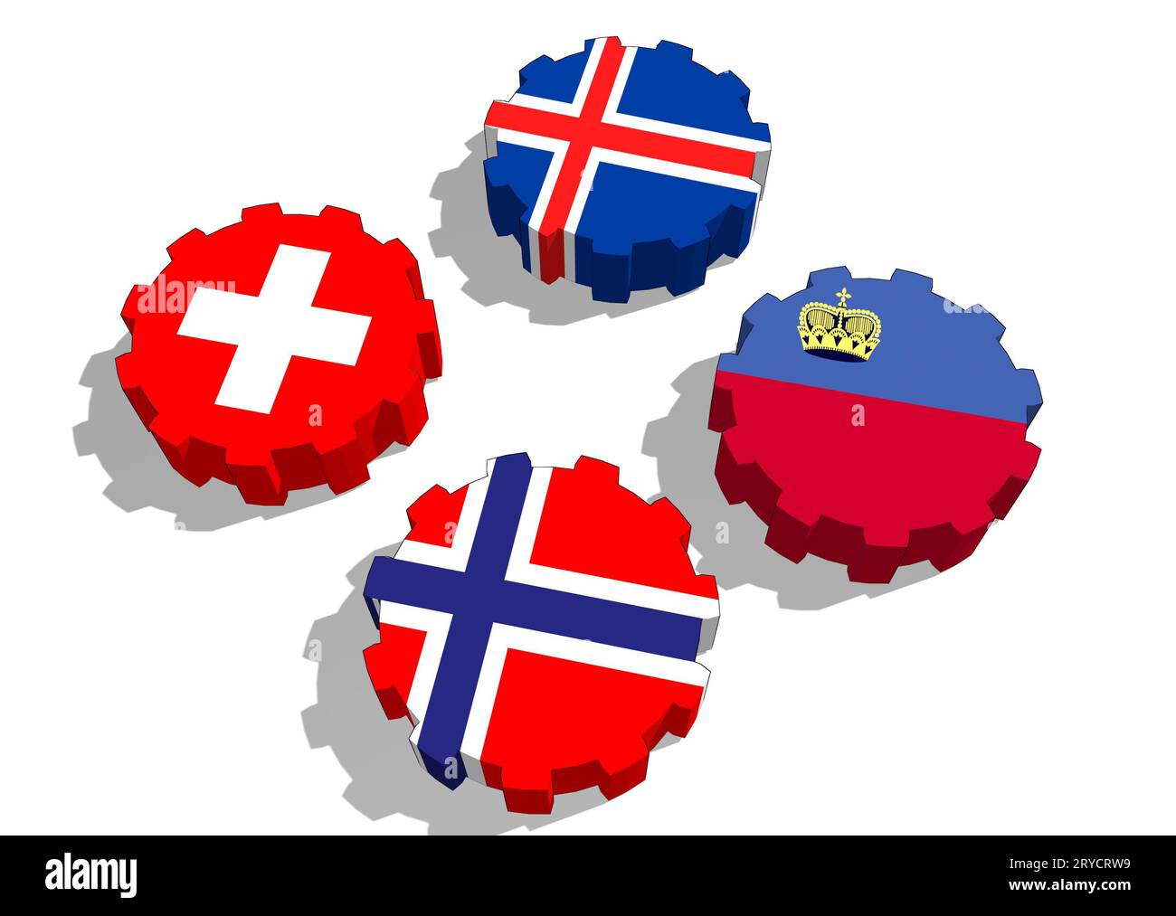 European Free Trade Association Volkswirtschaften Mitglieder Flaggen auf Zahnräder. Stockfoto