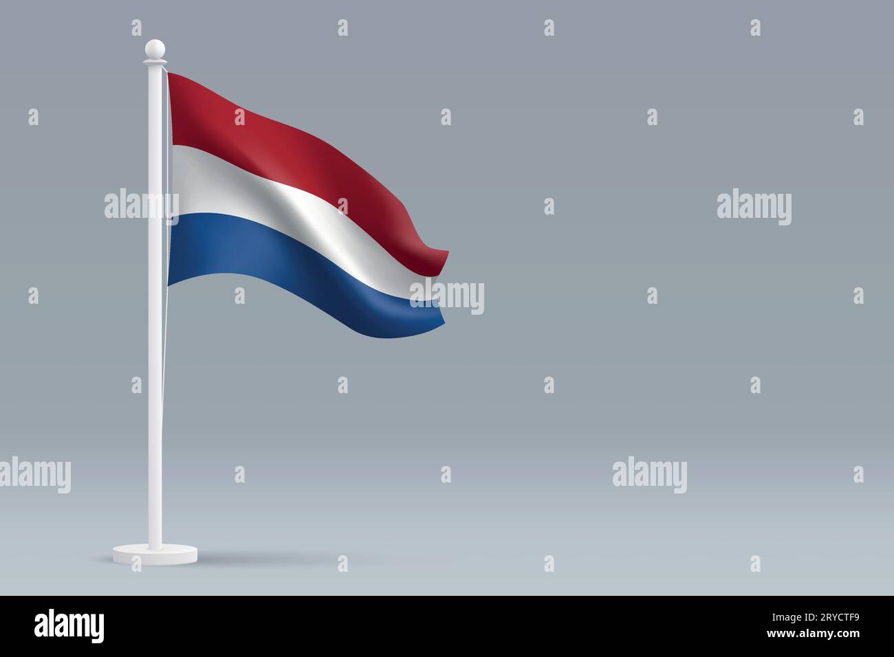 3D realistische nationale niederländische Flagge isoliert auf grauem Hintergrund mit Copyspace Stock Vektor