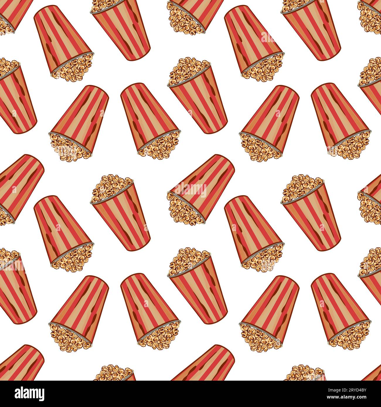 Popcorn in einem Korb, nahtloses Muster auf weißem Hintergrund. Vektorillustration. Grußkarten, Einladungen, Umschläge, Textilien, Geschenkpapier. Stock Vektor